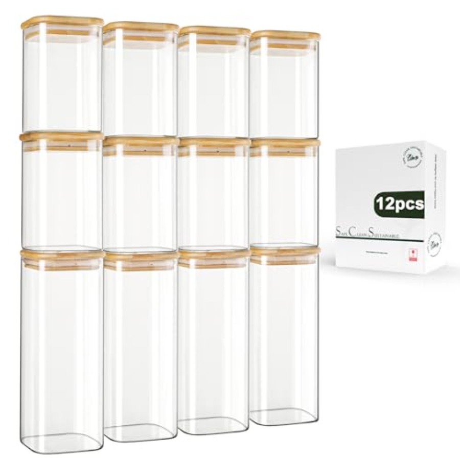 Food Storage Containers With Lids - 12-Pack Square Glass Storage Jars with