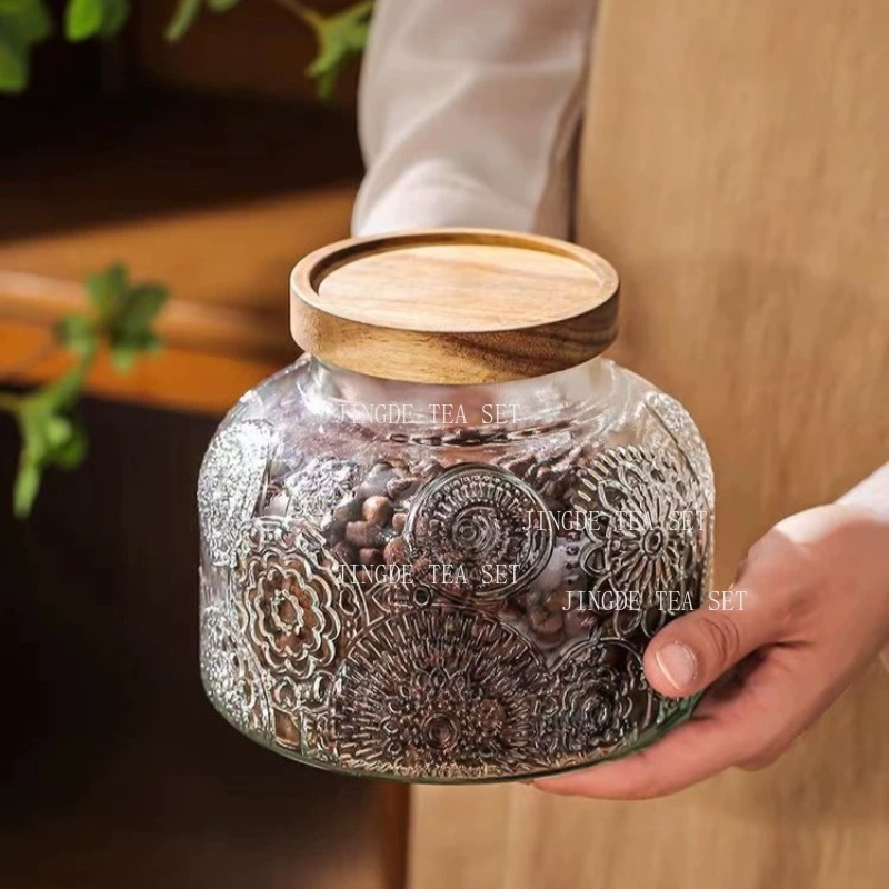 Food Storage Jars Airtight - Embossed Glass Storage Jar Wooden Lid